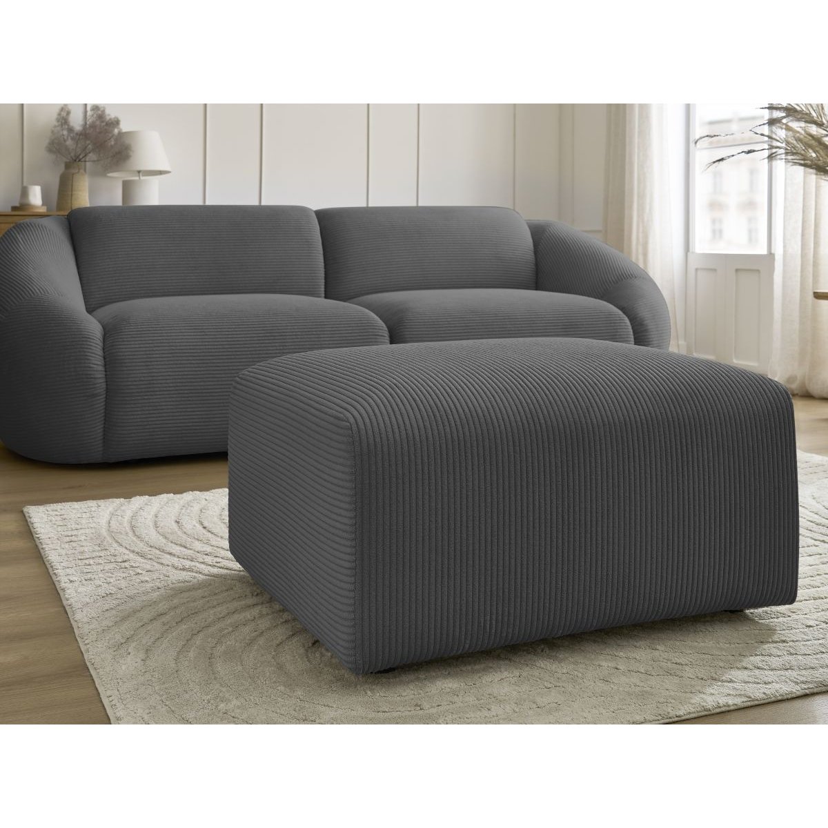 Canapé droit fixe 4 places en velours côtelé avec pouf, TINA gris foncé, BOBOCHIC