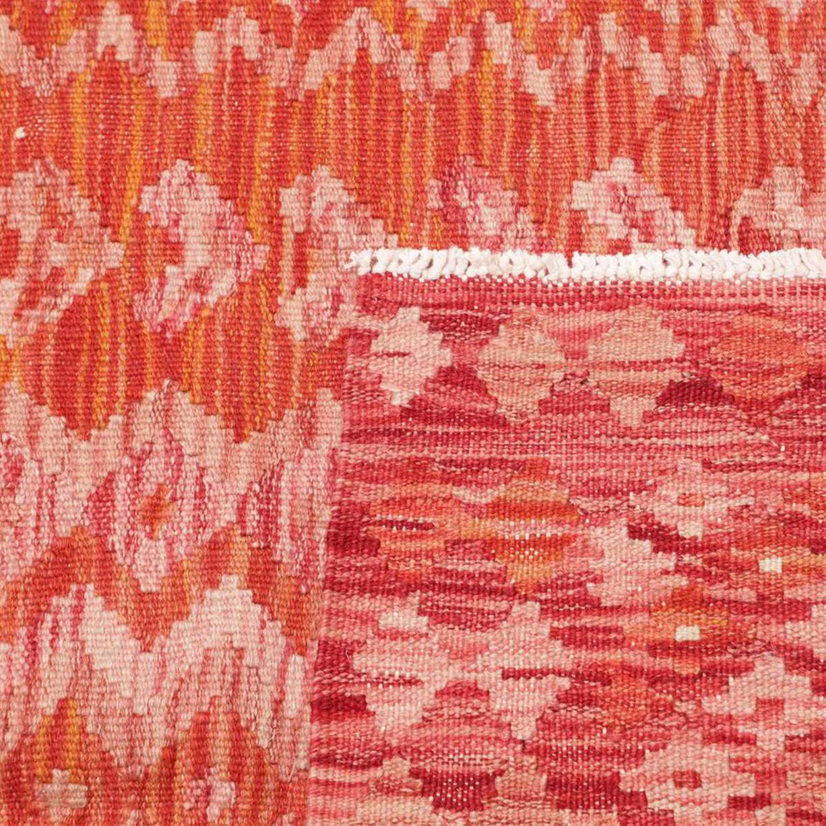 Tapis berbère, motif authentique, kilim tissé plat, KILIM 94 rouge, orange, rose, UN AMOUR DE TAPIS