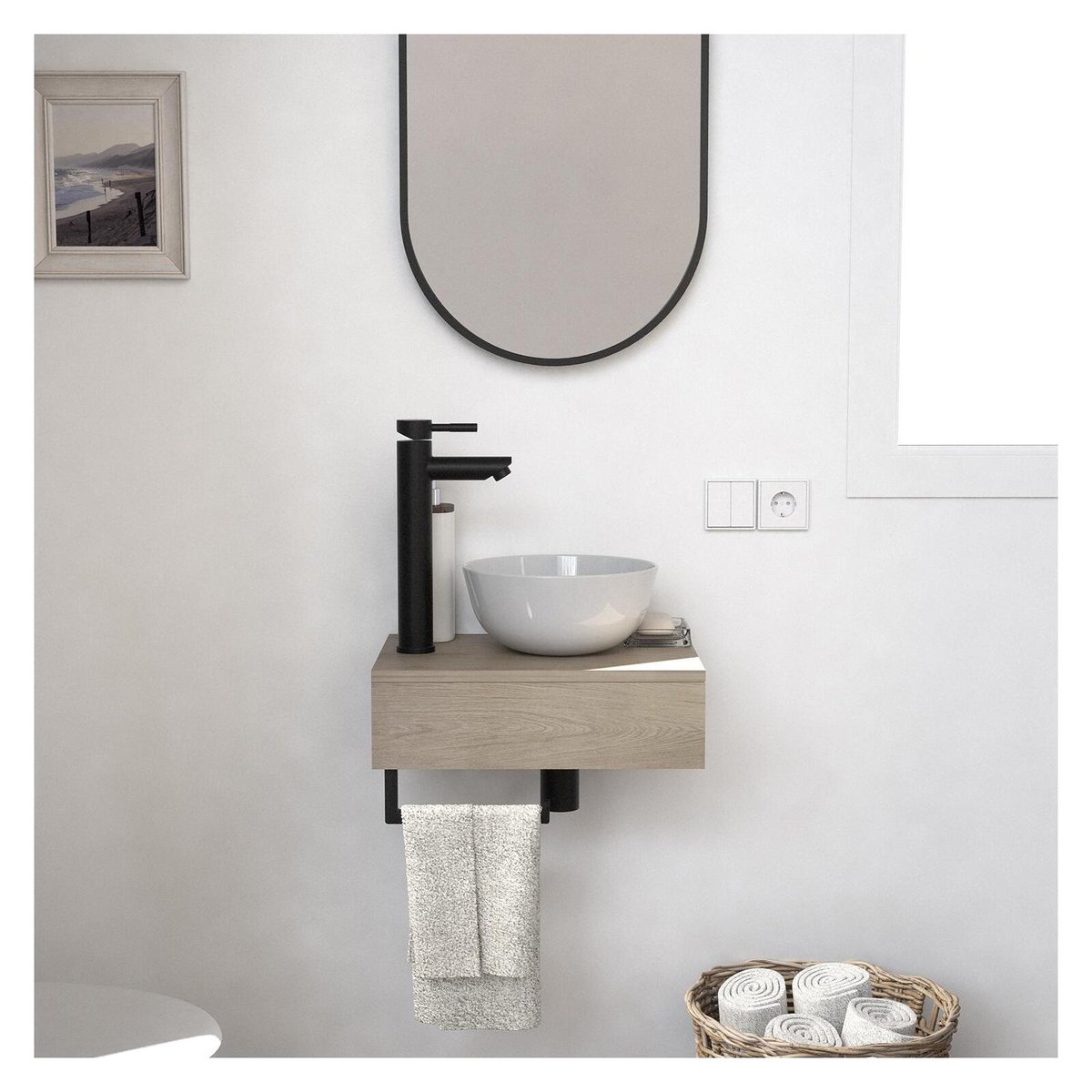 Lave-mains épais +vasque+robinet+miroir SOHO décor chêne, MOB IN