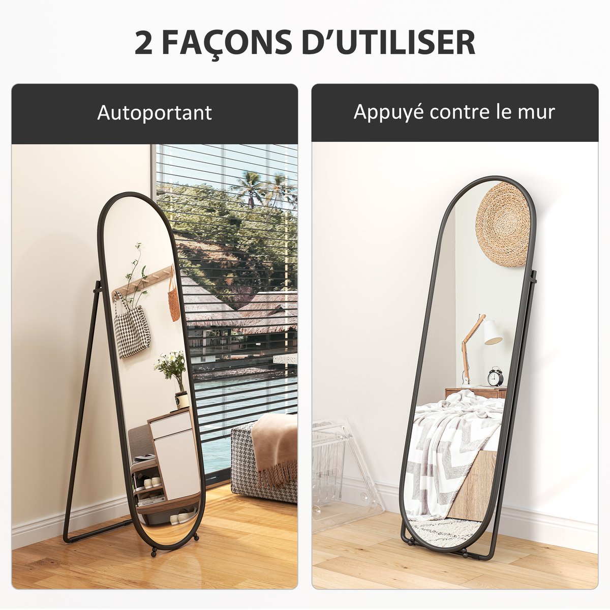 Miroir en pied Verre Noir noir, HOMCOM
