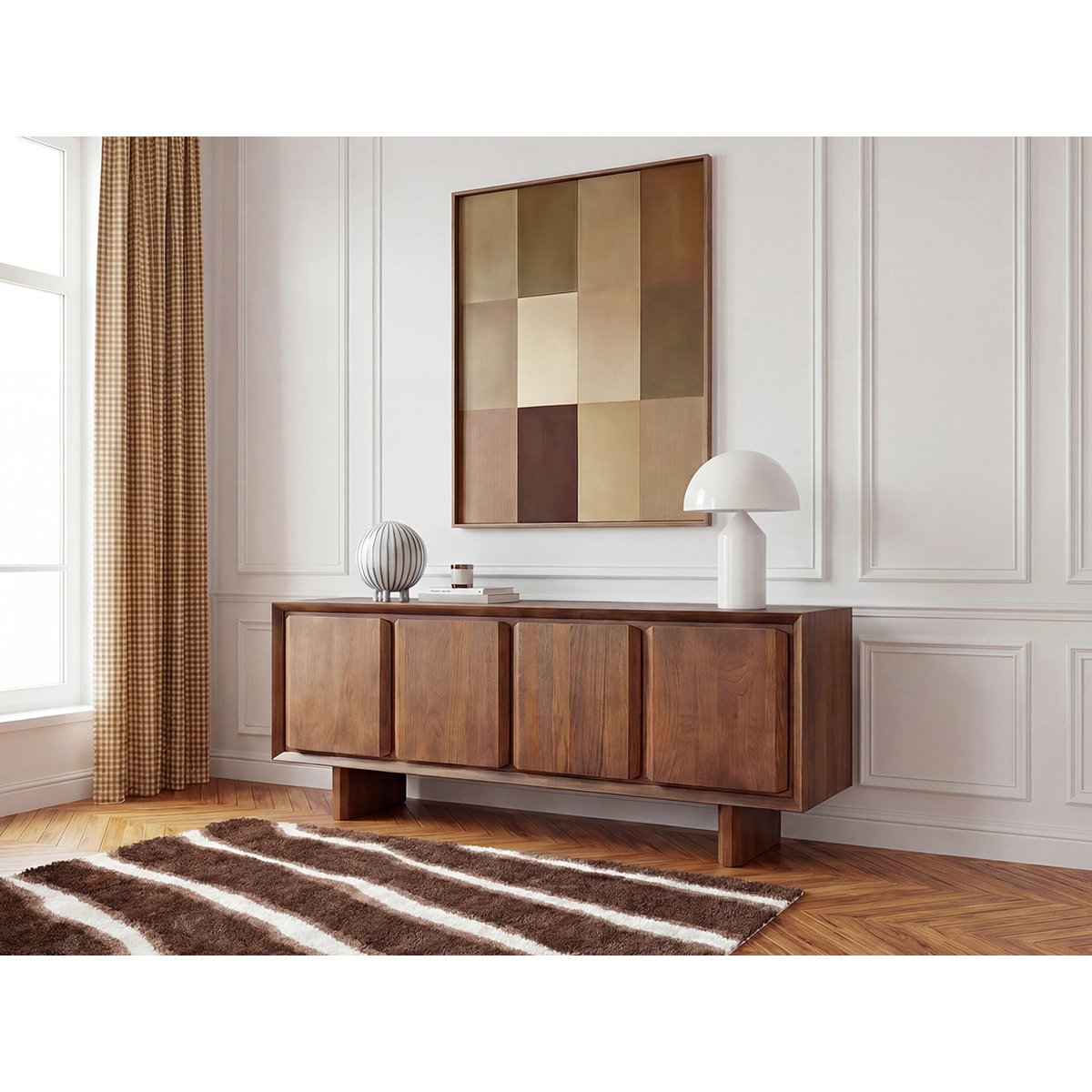 Buffet bas en bois massif 4 portes 200 cm, BELLECOUR marron foncé, BOBOCHIC