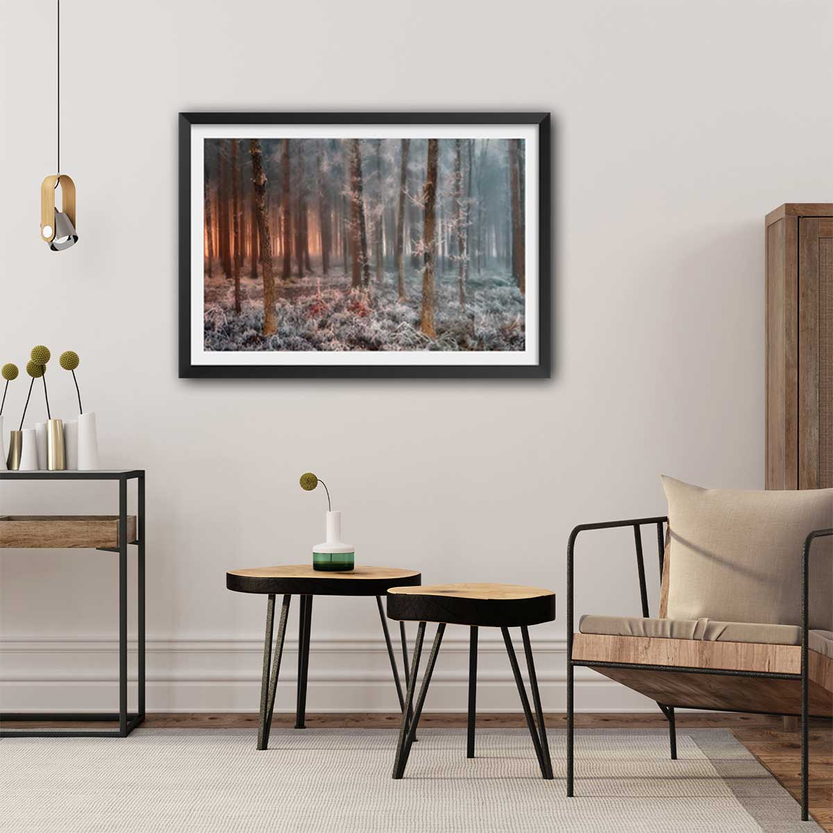 Affiche paysage de glace et de feu affiche + cadre en bois - noir, HEXOA