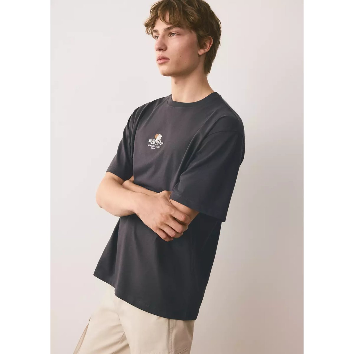 T-shirt 100% coton brodé gris anthracite, MANGO TEEN
