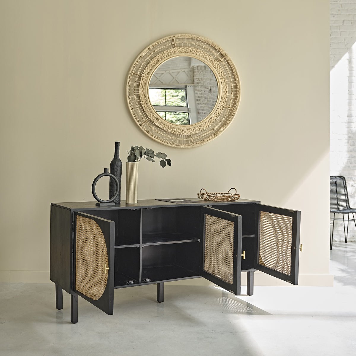 Buffet en bois massif et cannage 175 cm ZULMA noir, BERAH GETAH