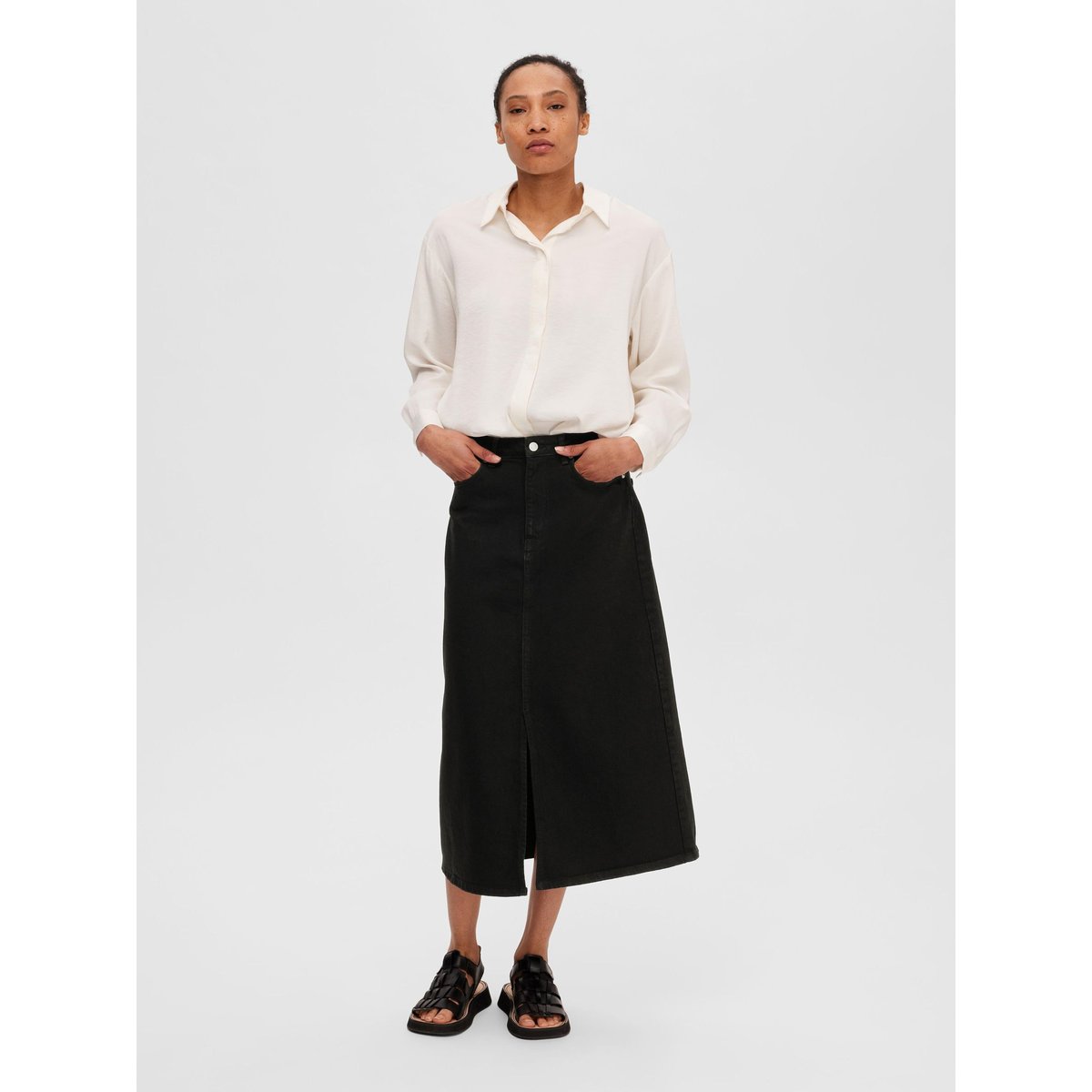 Jupe Mi-Longue black denim, SELECTED