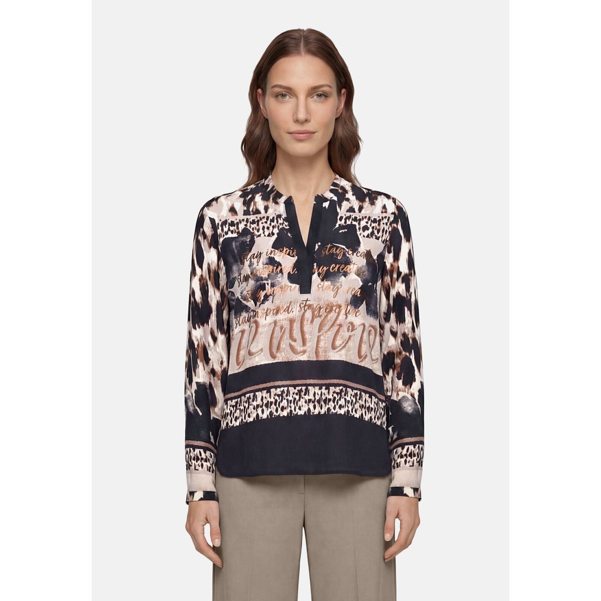 Chemisier long à col droit beige/noir, BETTY BARCLAY