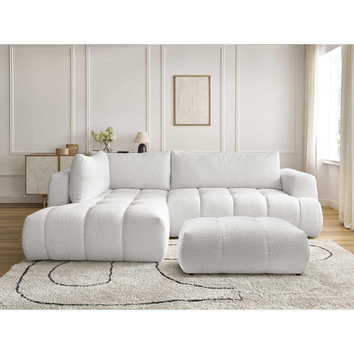 Canapé d'angle convertible 4 places en tissu bouclette avec pouf, FUJI blanc, BOBOCHIC
