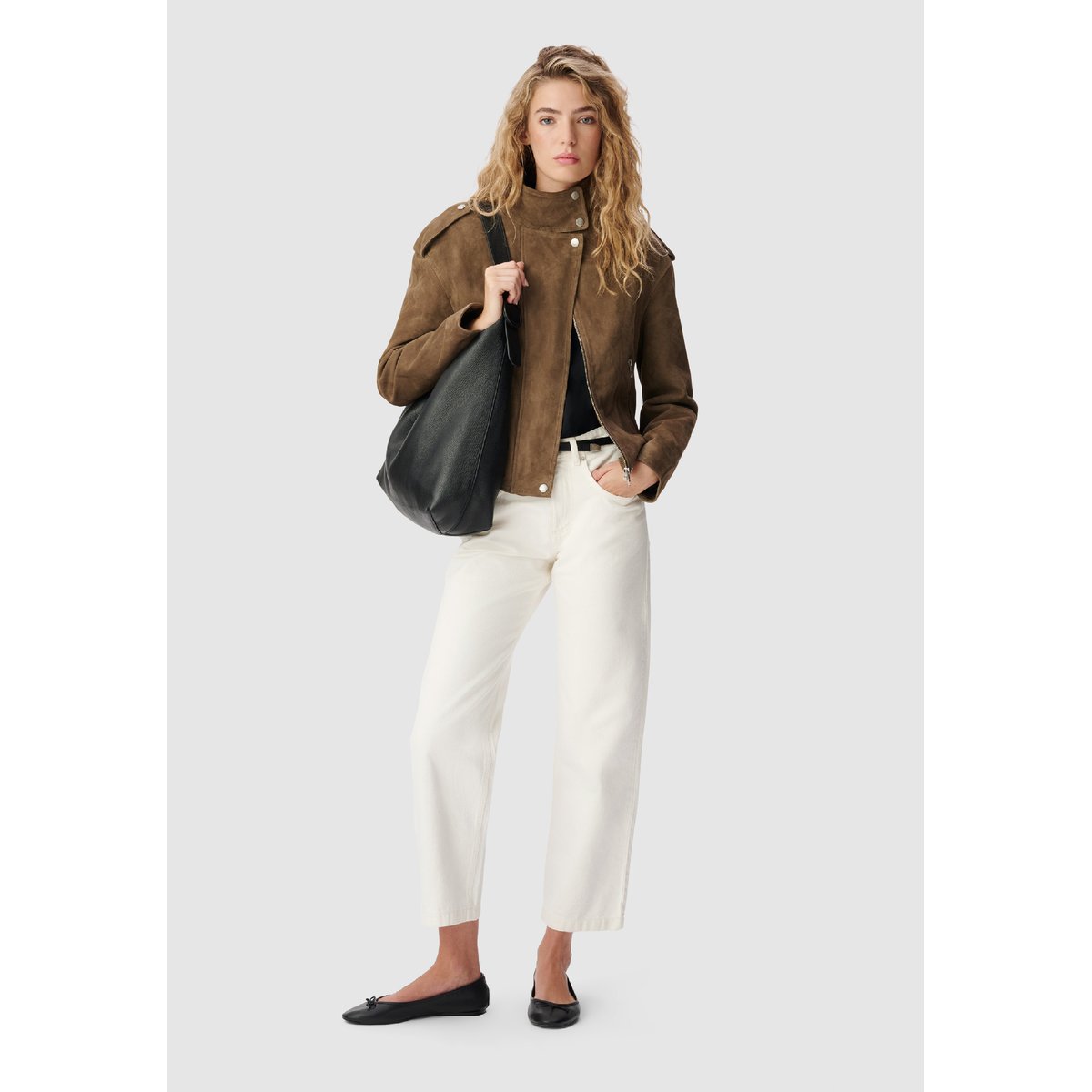 Blouson cuir velours à ceinturer marron noisette, IKKS