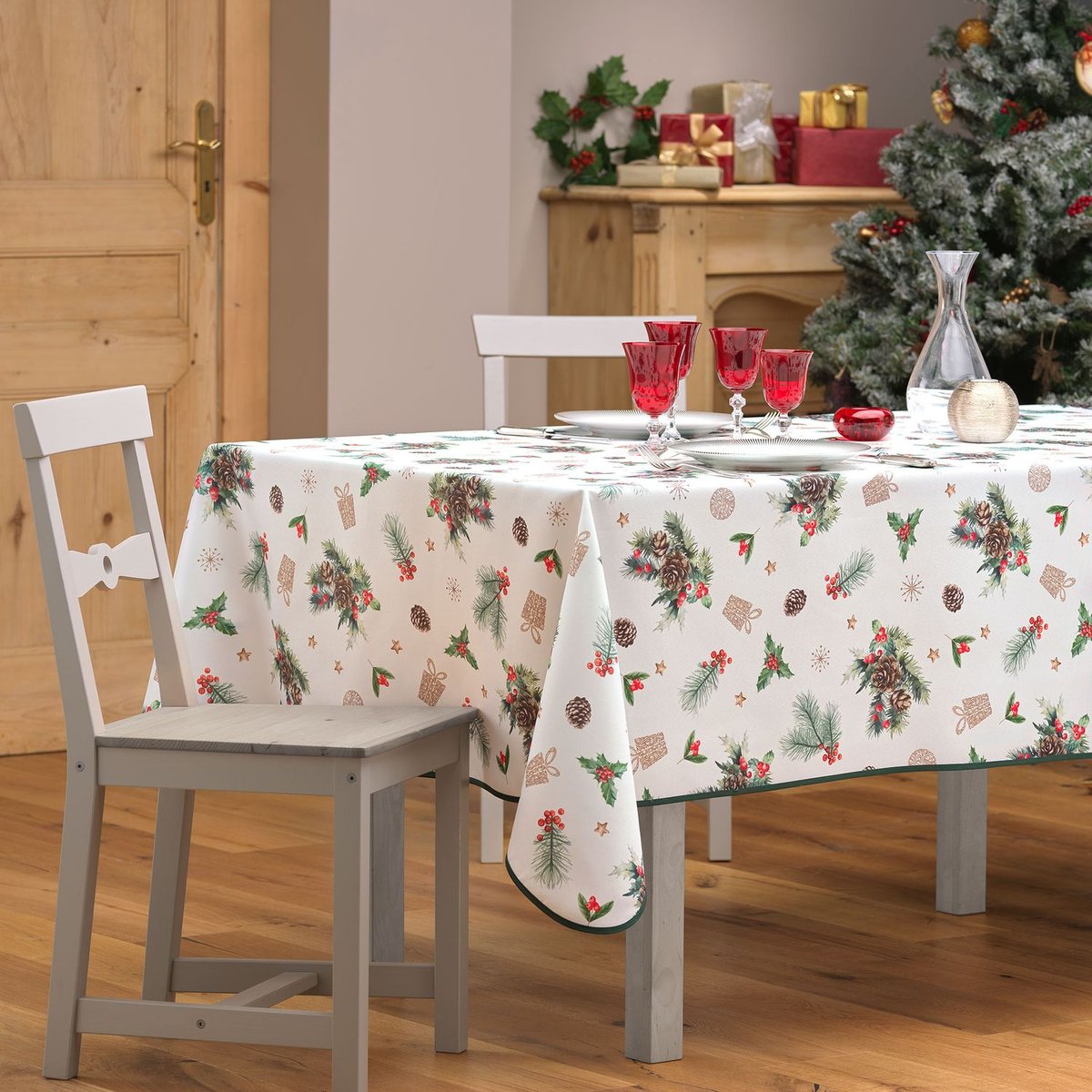 Nappe rectangulaire antitache et infroissable FLORE D'HIVER blanc, TOILINUX