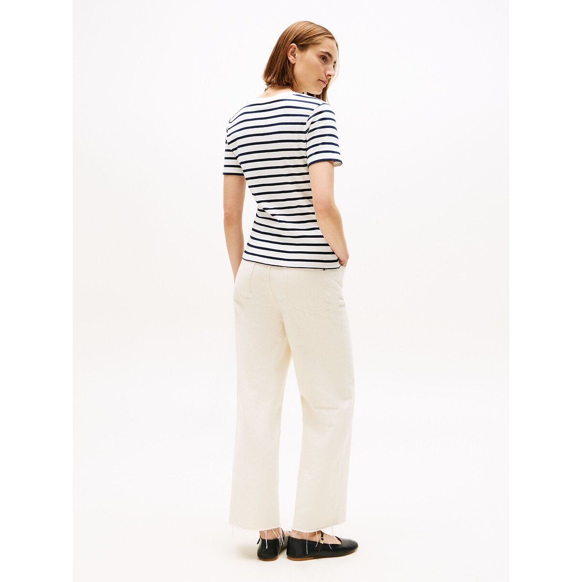 V-Neck T-Shirt with Short Sleeves ecru/navy striped, TOMMY HILFIGER