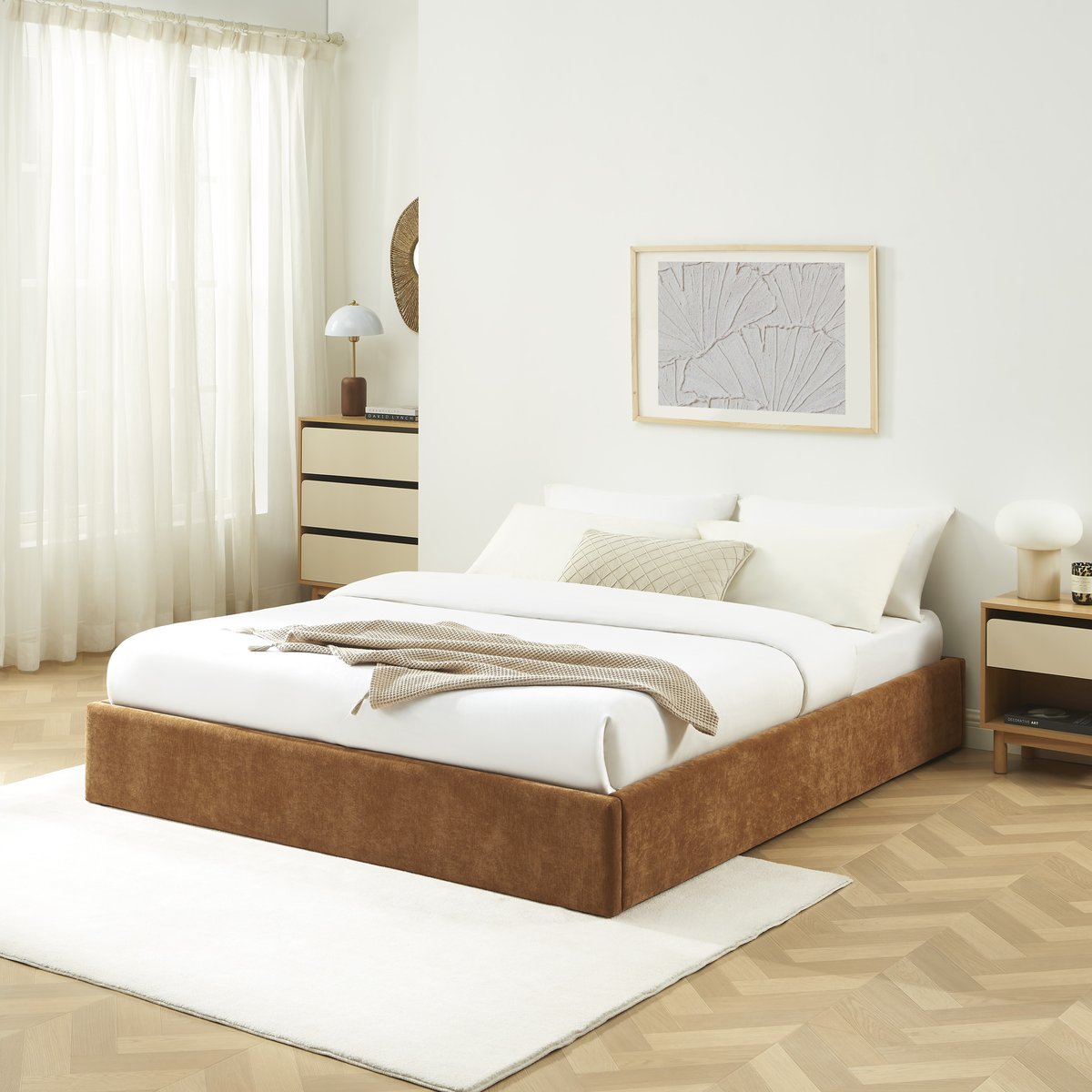 Lit coffre tissu avec sommier IVY marron, BAÏTA