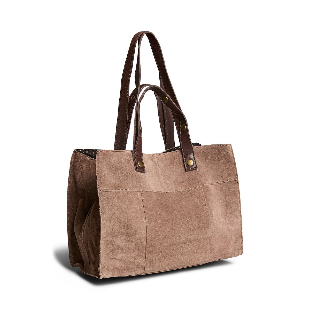 Grand sac à main shopper en cuir lisse et cuir suédé, Ava taupe, PIECES