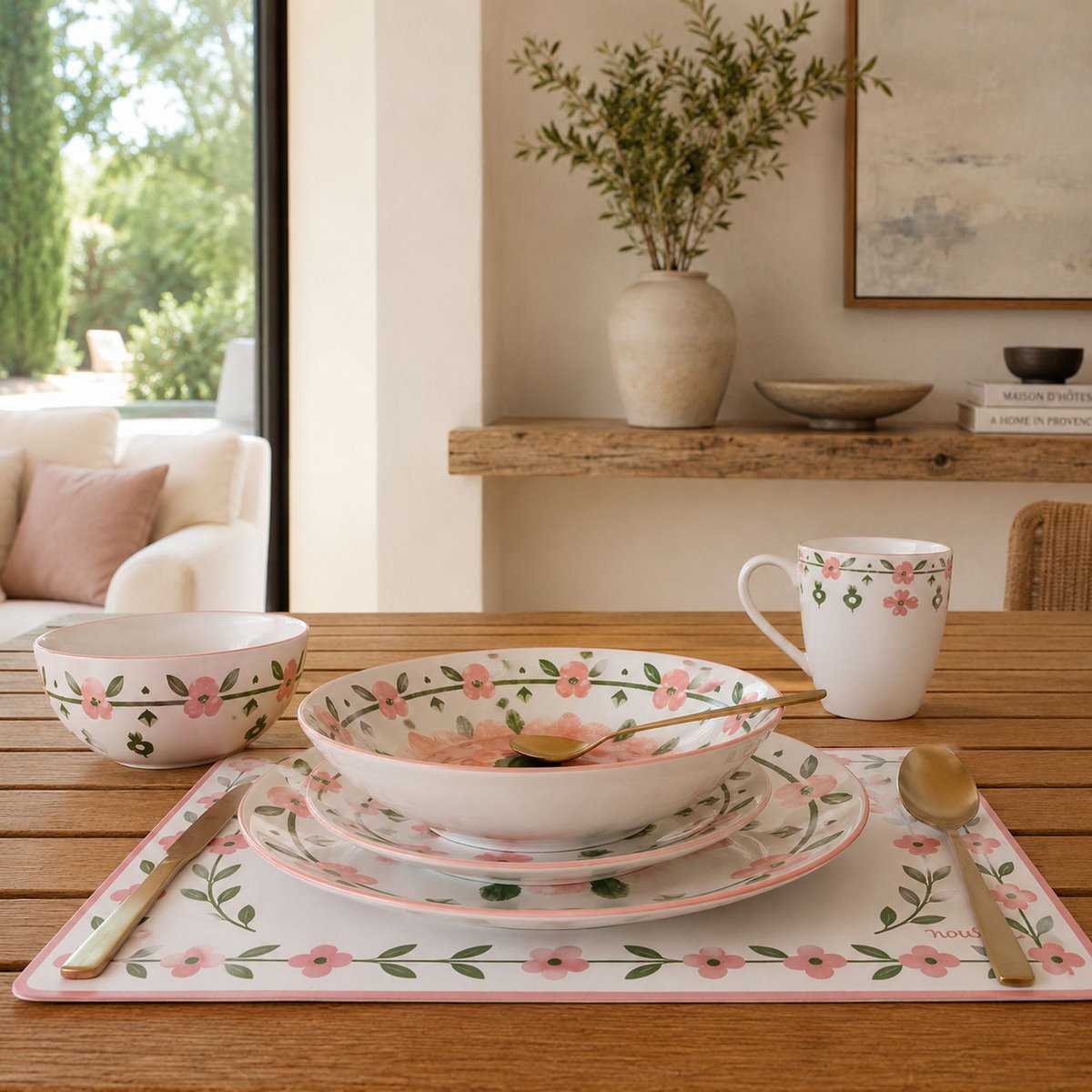 Lot de 6 mugs 36cl en porcelaine, PRIMAVERA blanc-rose, NOVASTYL