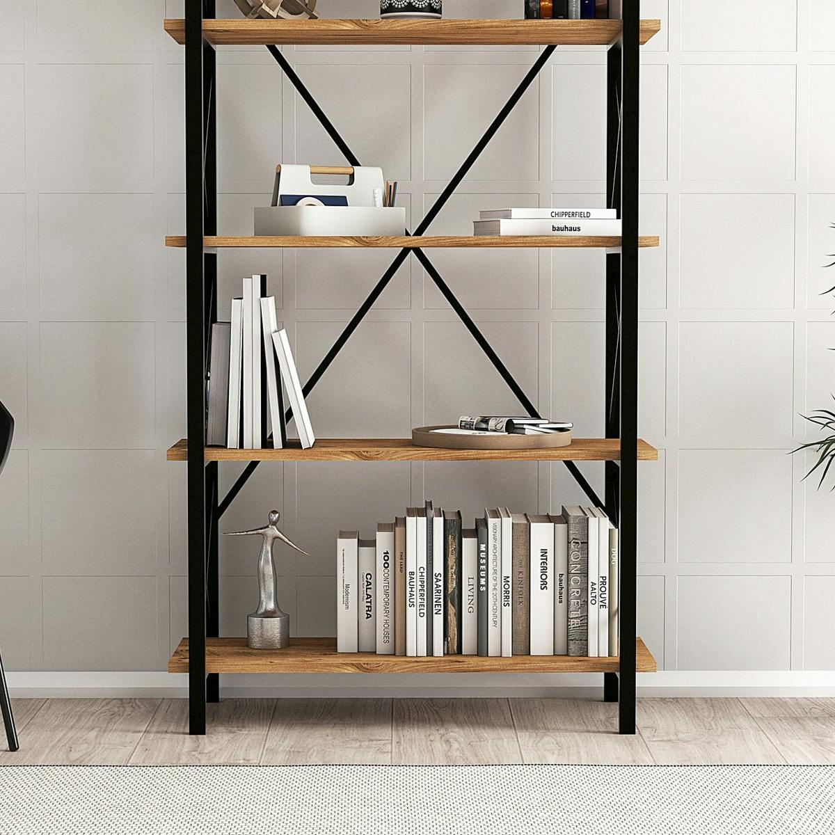 Bibliothèque industrielle à dos croisé, 5 plateaux JENA bois naturel, PIER IMPORT