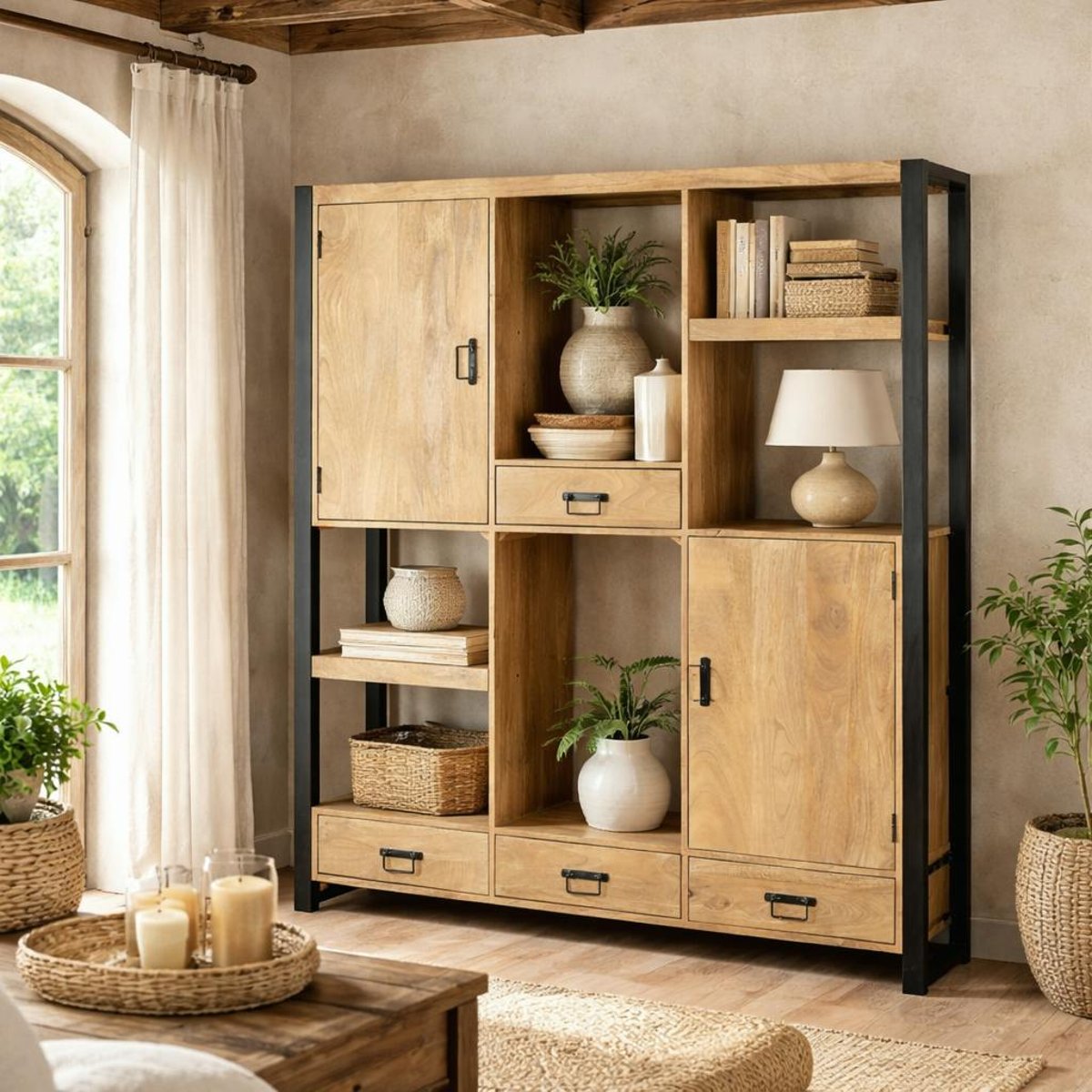 Bibliothèque salon bois clair métal noir avec rangement MILORA bois naturel, PIER IMPORT
