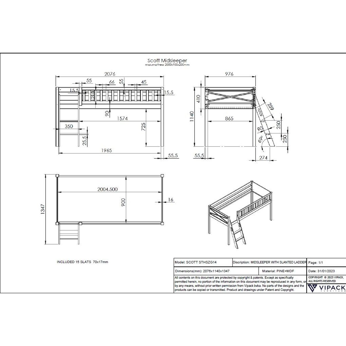 Scott Lit Mezzanine et Rideau Princess Inclus couleur unique, VIPACK