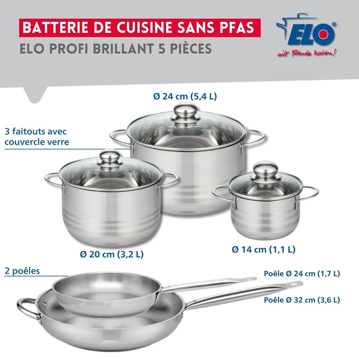 Batterie 2 poêles 24/32cm + 3 faitouts 14/20/24cm PROFI BRILLANT gris, ELO