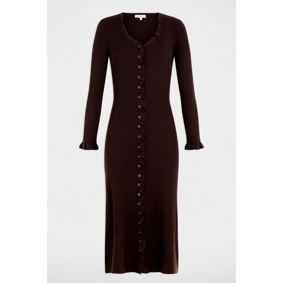 Robe tricot longue col v marron foncé, MORGAN