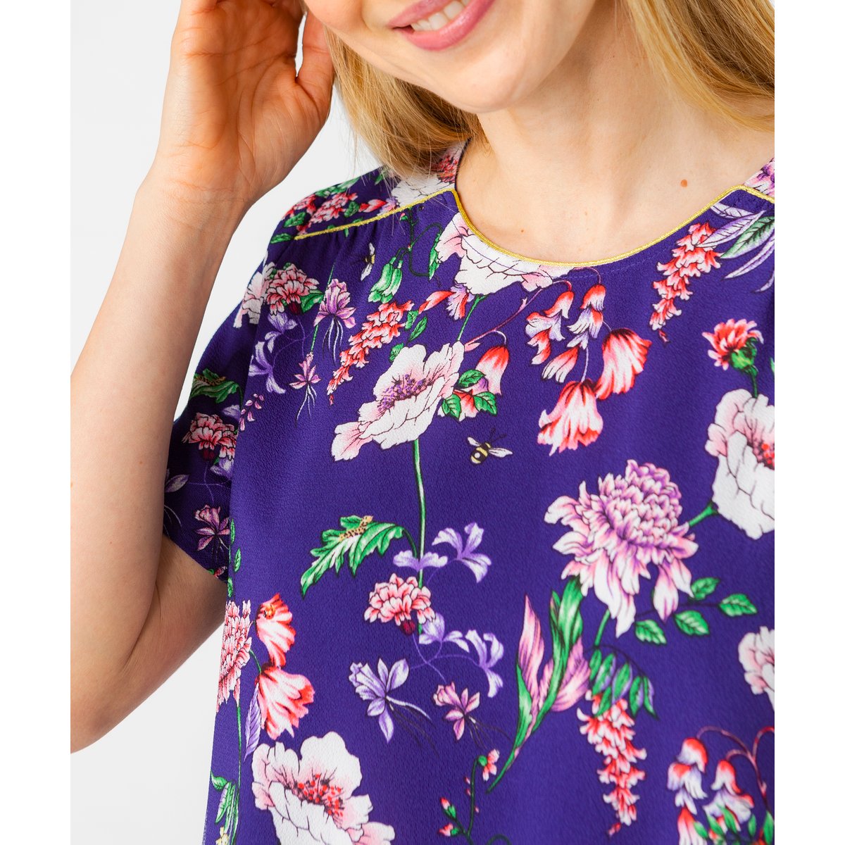 Blouse crêpe stretch bleu marine fleuri, DAMART