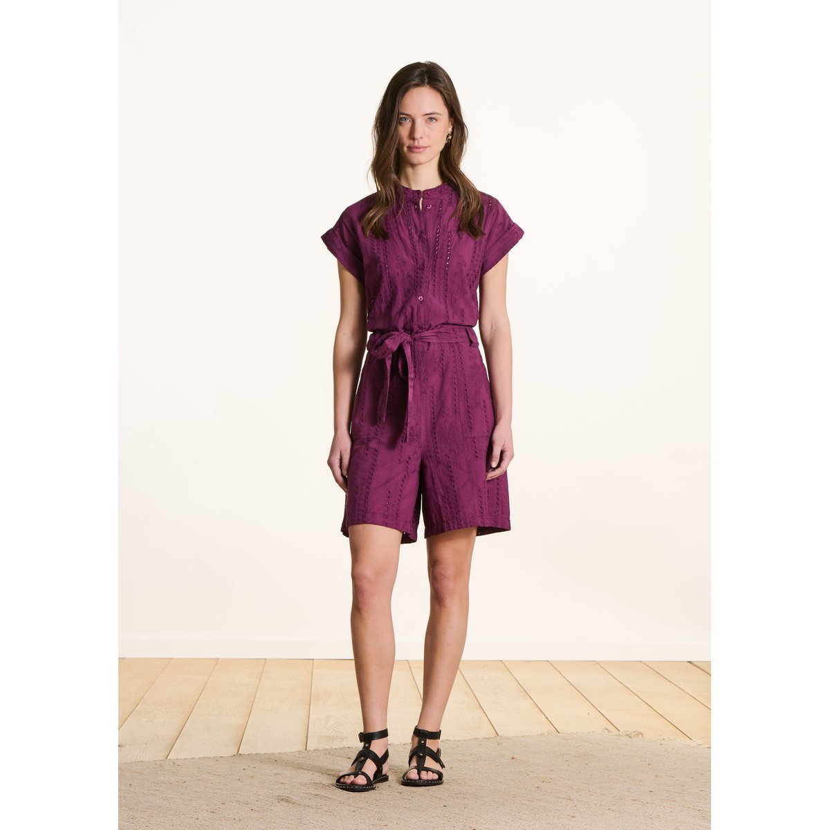 Combishort manches courtes en broderie anglaise figue, LA FEE MARABOUTEE