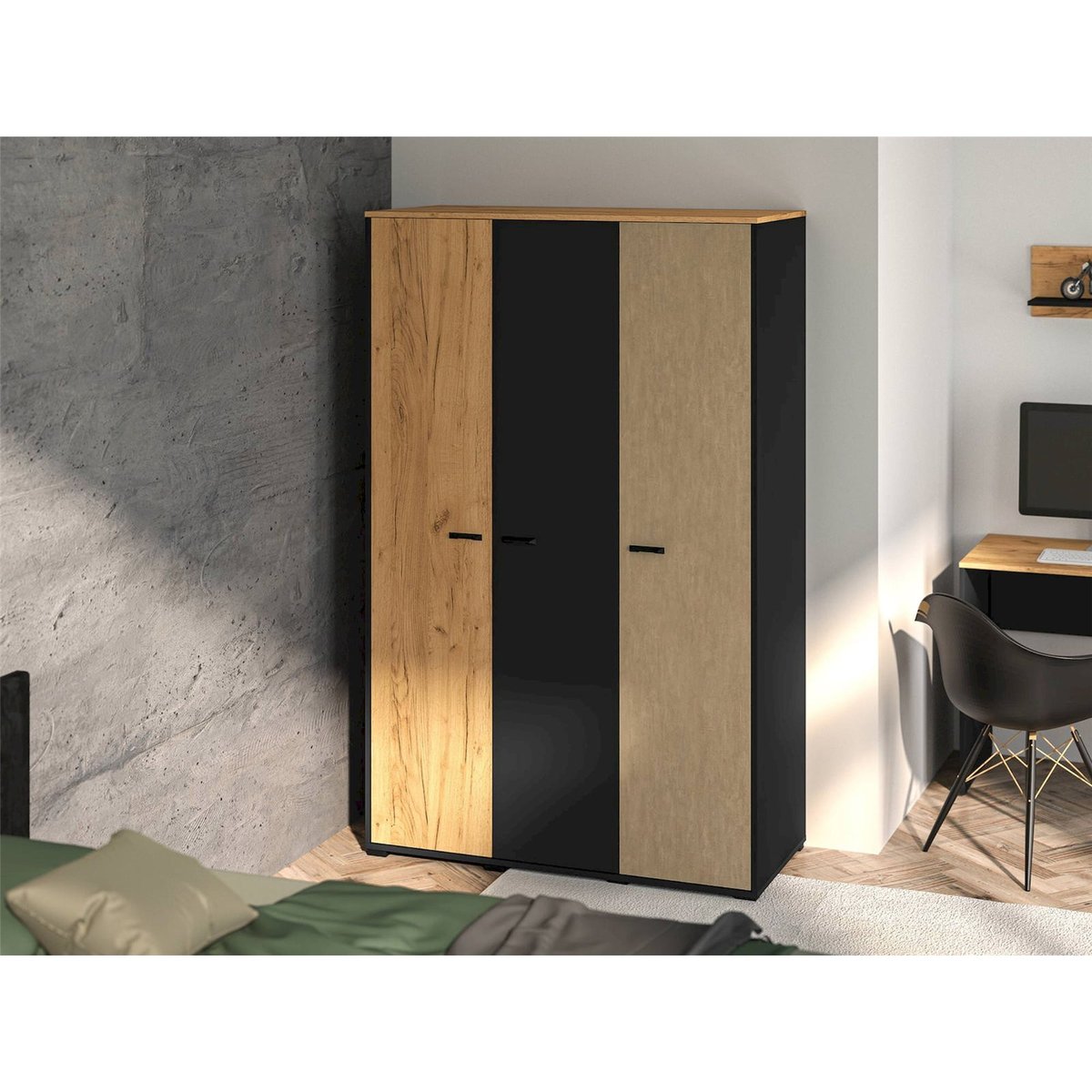 Armoire ado 3 portes industrielle COLT chêne craft doré, noir et acier, RECOLLECTION