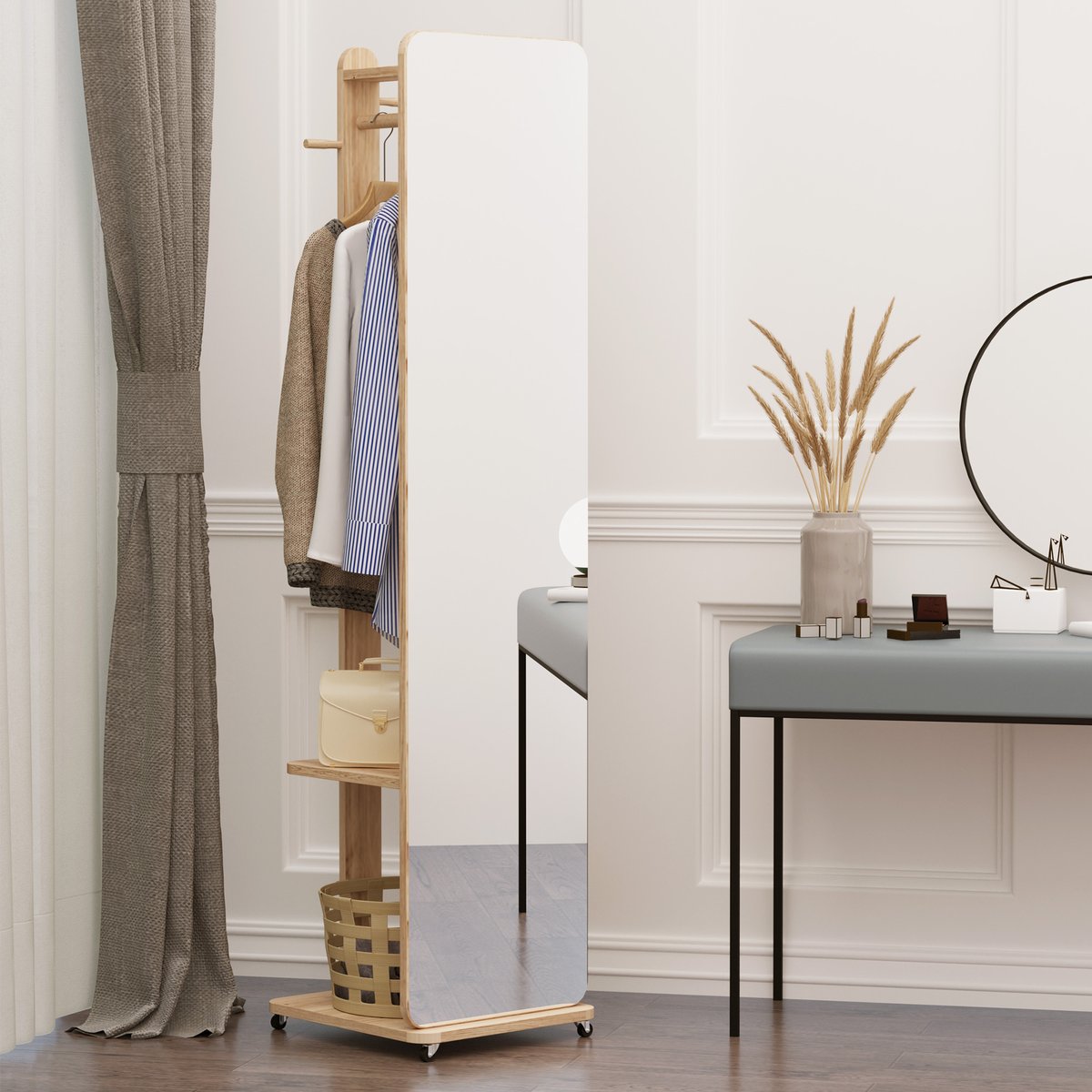 Miroir sur pied avec roulettes - portant, 4 patères étagère - aspect bois beige, HOMCOM