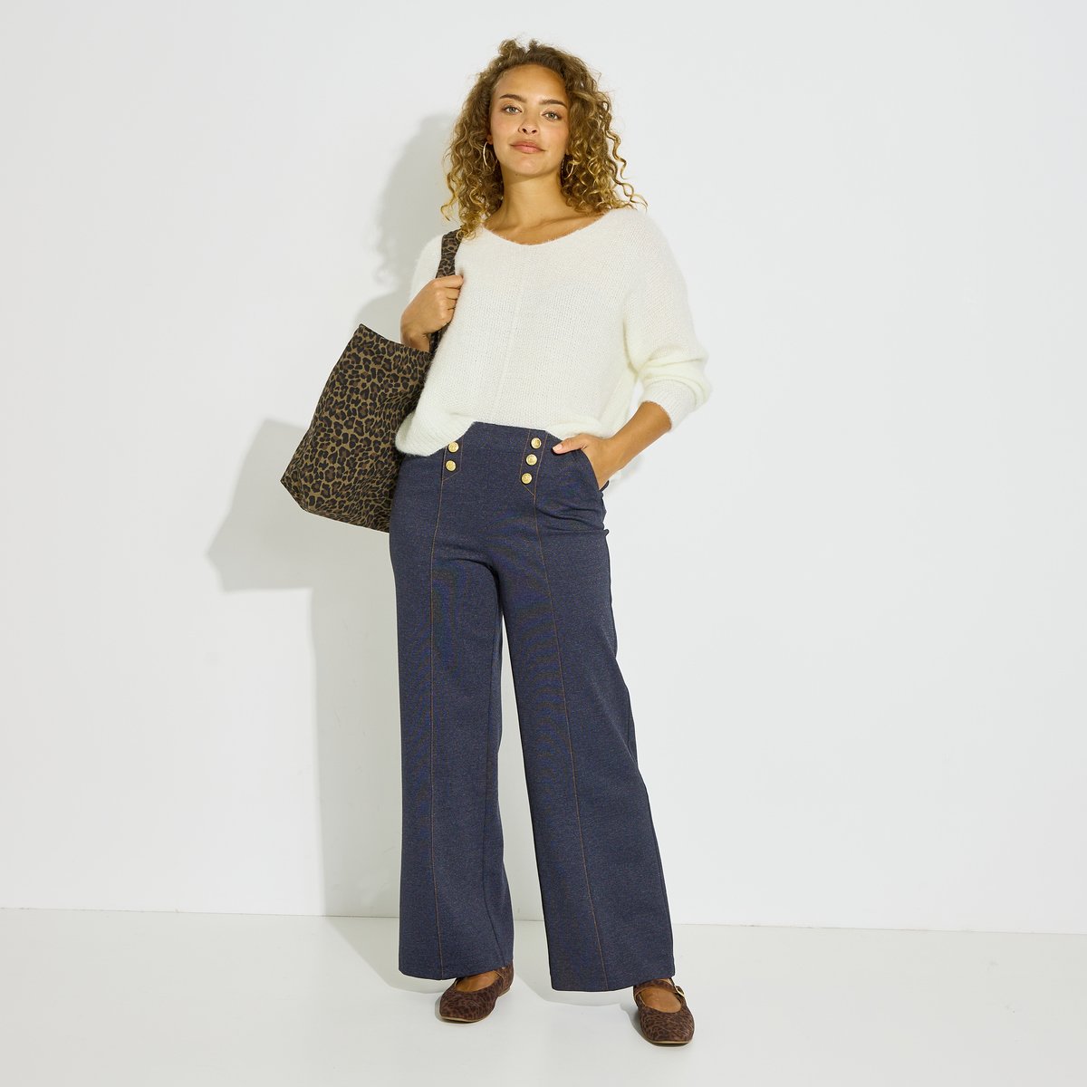 Pantalon pont large en maille bleu stone, GRAIN DE MALICE