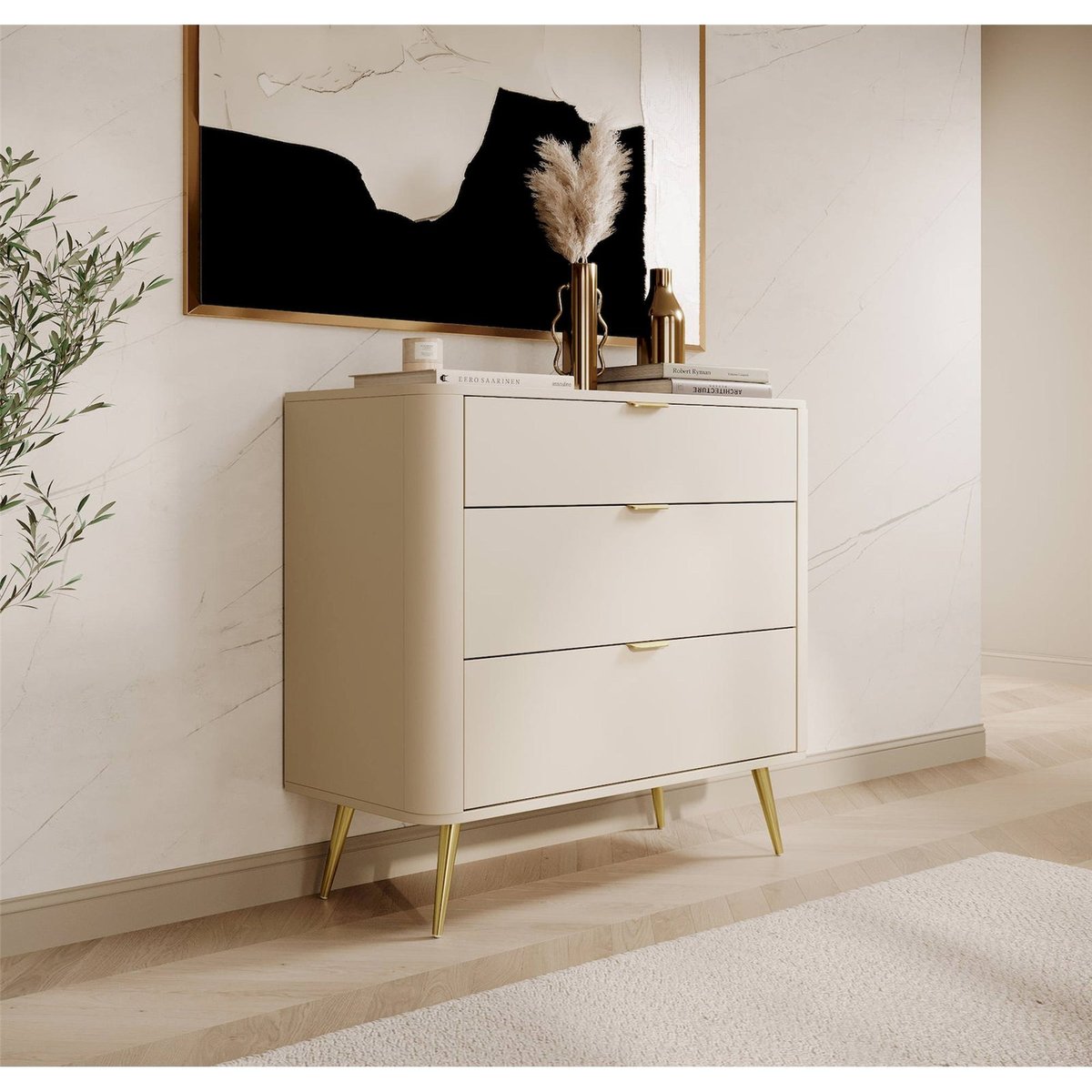 Commode arrondie 3 tiroirs collection OVAL beige sable et doré chromé, RECOLLECTION