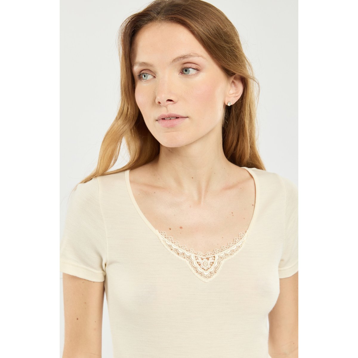T-shirt col dentelle en laine et soie naturel, ARMOR-LUX