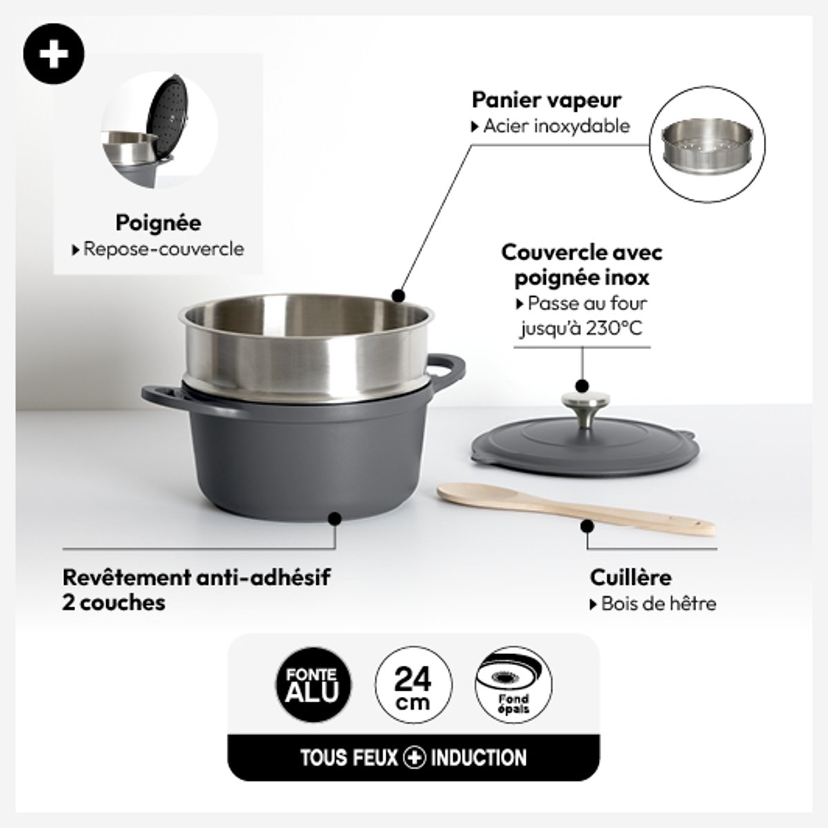 Cocotte 24cm en fonte d'aluminium avec panier vapeur ALURO gris clair, 5FIVE SIMPLY SMART