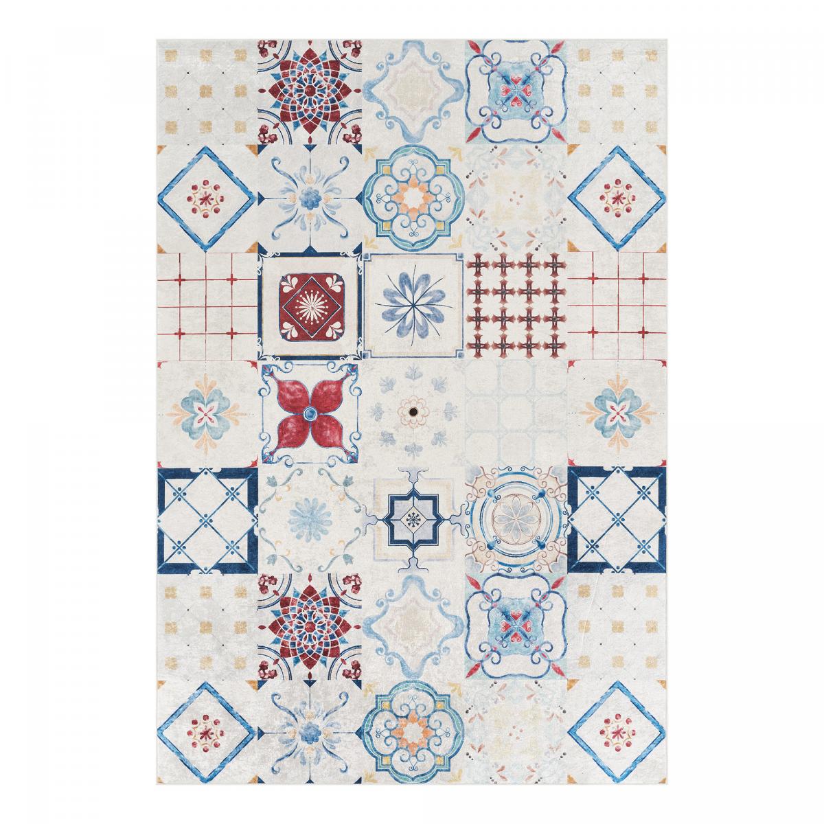 Tapis de cuisine, motif traditionnel kilim, tissé, LYN11 LISBONNE bleu, rouge, multicolore, UN AMOUR DE TAPIS