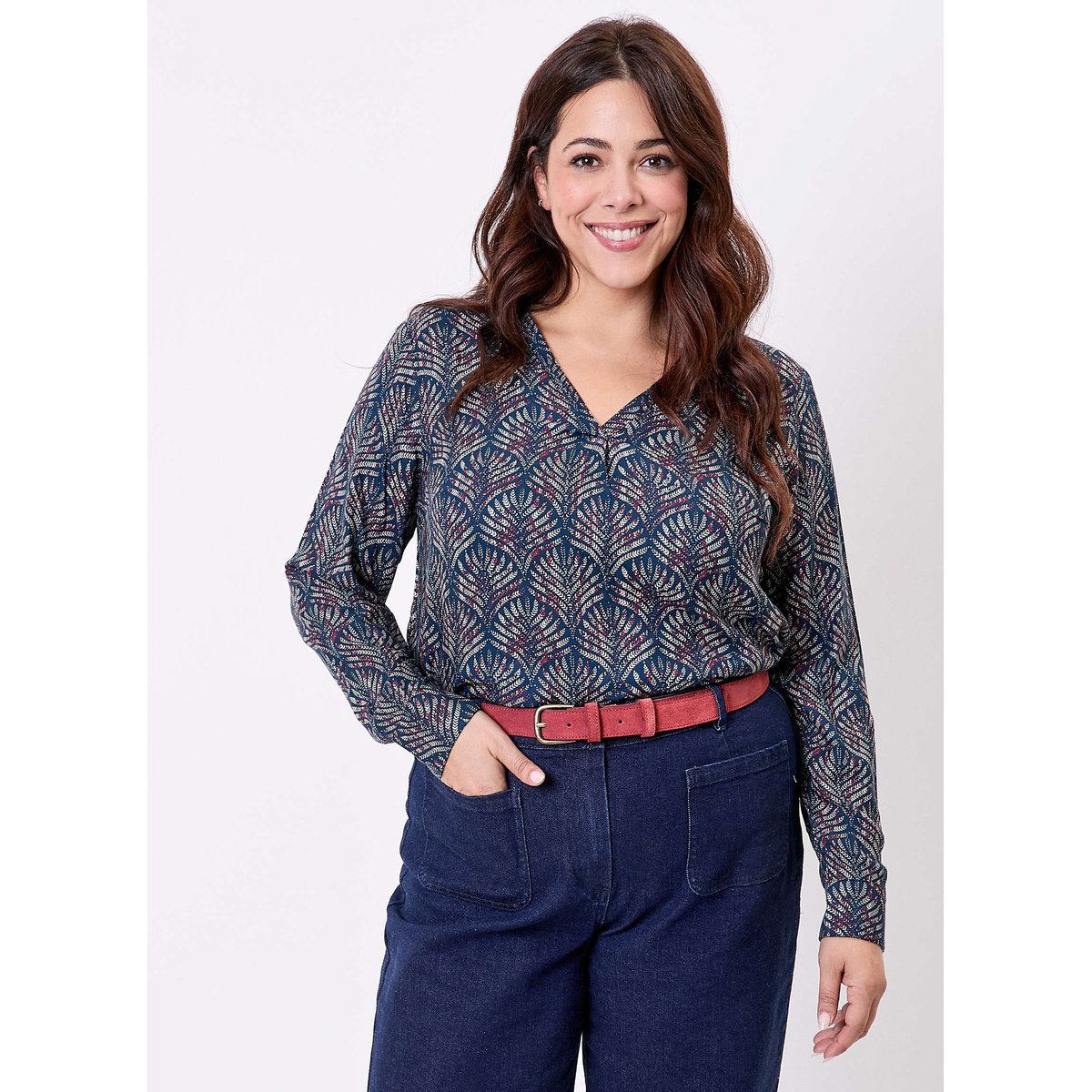 Blouse imprimée fluide évasée col V PALASI bleu horizon kumar, LA FIANCÉE