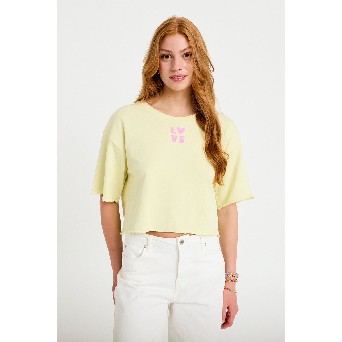 Sweat oversize cropped col rond jaune clair, CACHE CACHE