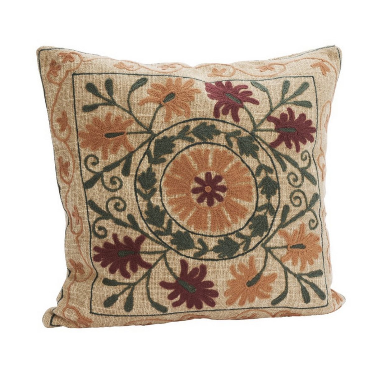 Housse de coussin broderie florale coton SUZANI rouge bordeaux, MADAM STOLTZ