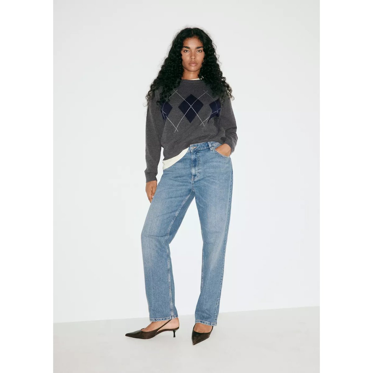Pull maille losanges gris chiné moyen, MANGO