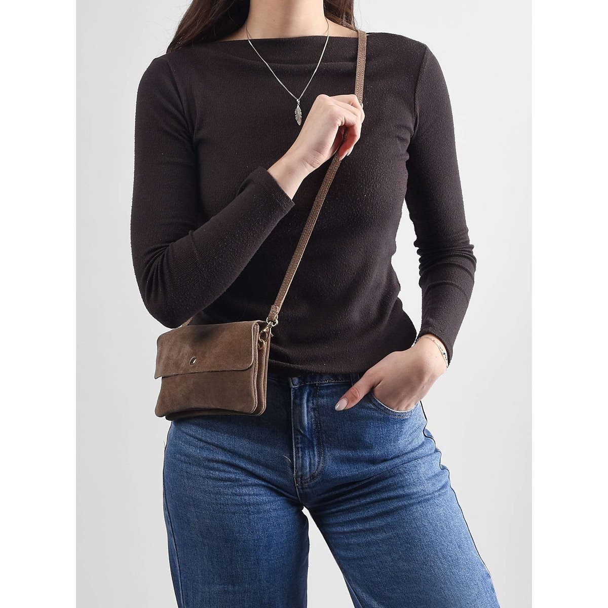 Sac bandoulière Velvet cuir taupe, MILANO