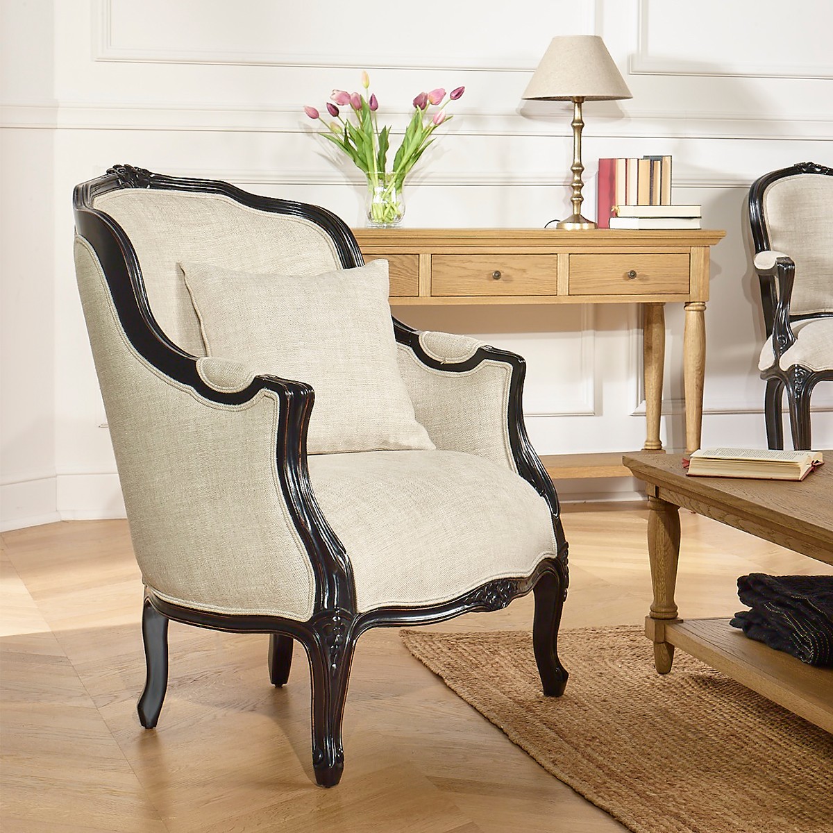 Fauteuil en hévéa teinté noir et lin premium VICTOR lin, ROBIN DES BOIS