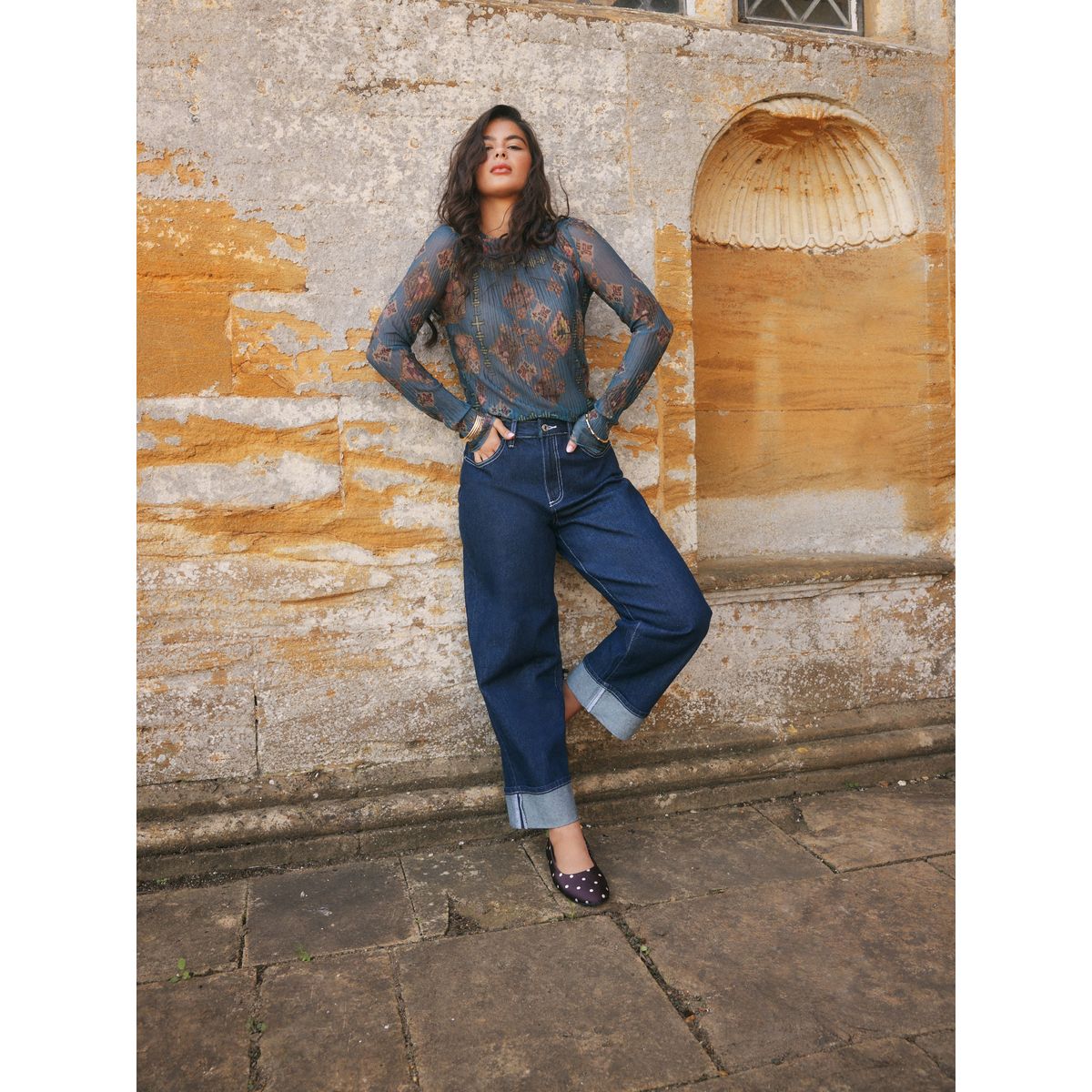 Haut manches longues en mesh effet froissé national trust teal blue print, NEXT