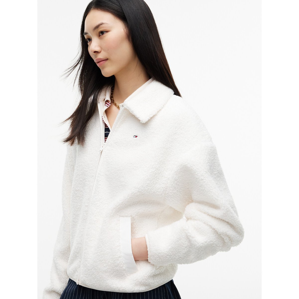 Gilet zippé manches longues en sherpa ecru, TOMMY JEANS