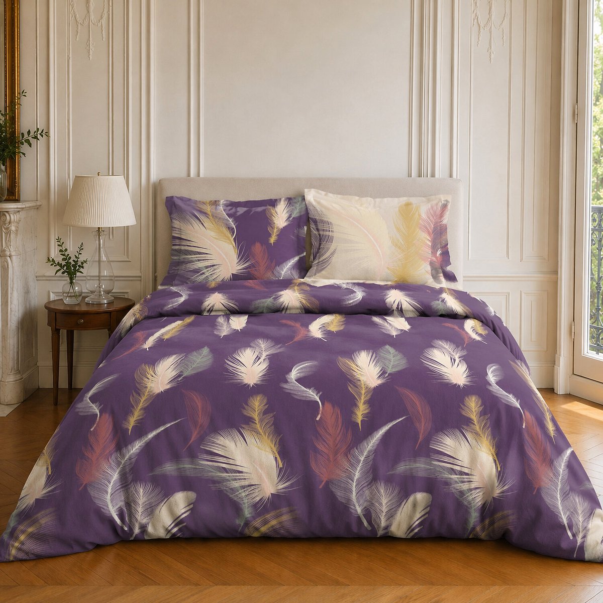 Parure de lit en coton motif tropical, WINTER aubergine, C DESIGN HOME TEXTILE