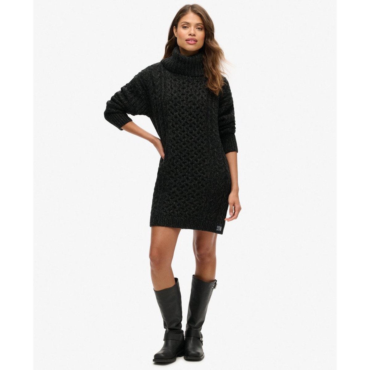 Rollneck Cable Jumper Dress noir, SUPERDRY