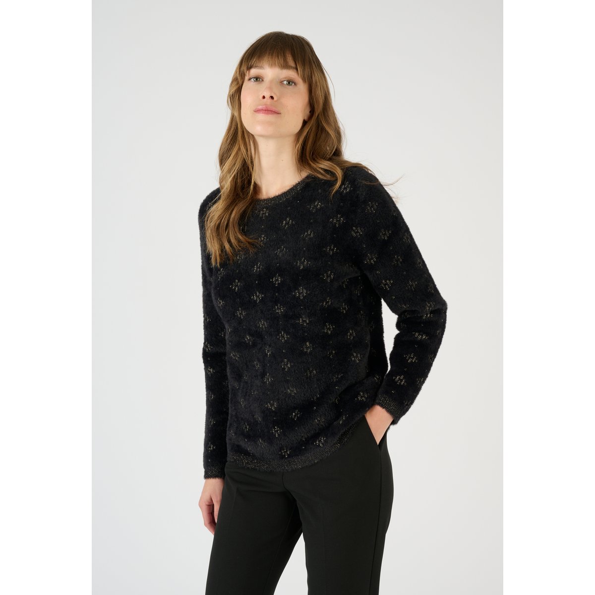 Pull jacquard en maille poilue noir jacquard, DAMART