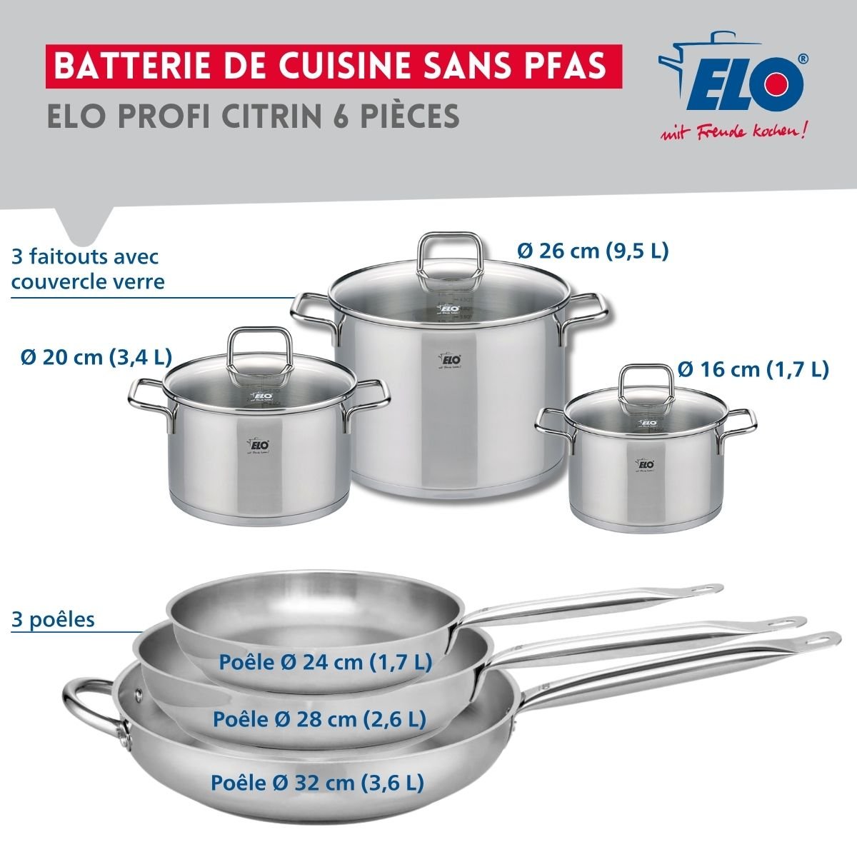 3 poêles 24/28/32cm + 3 faitouts 16/20/26cm PROFI CITRIN gris, ELO
