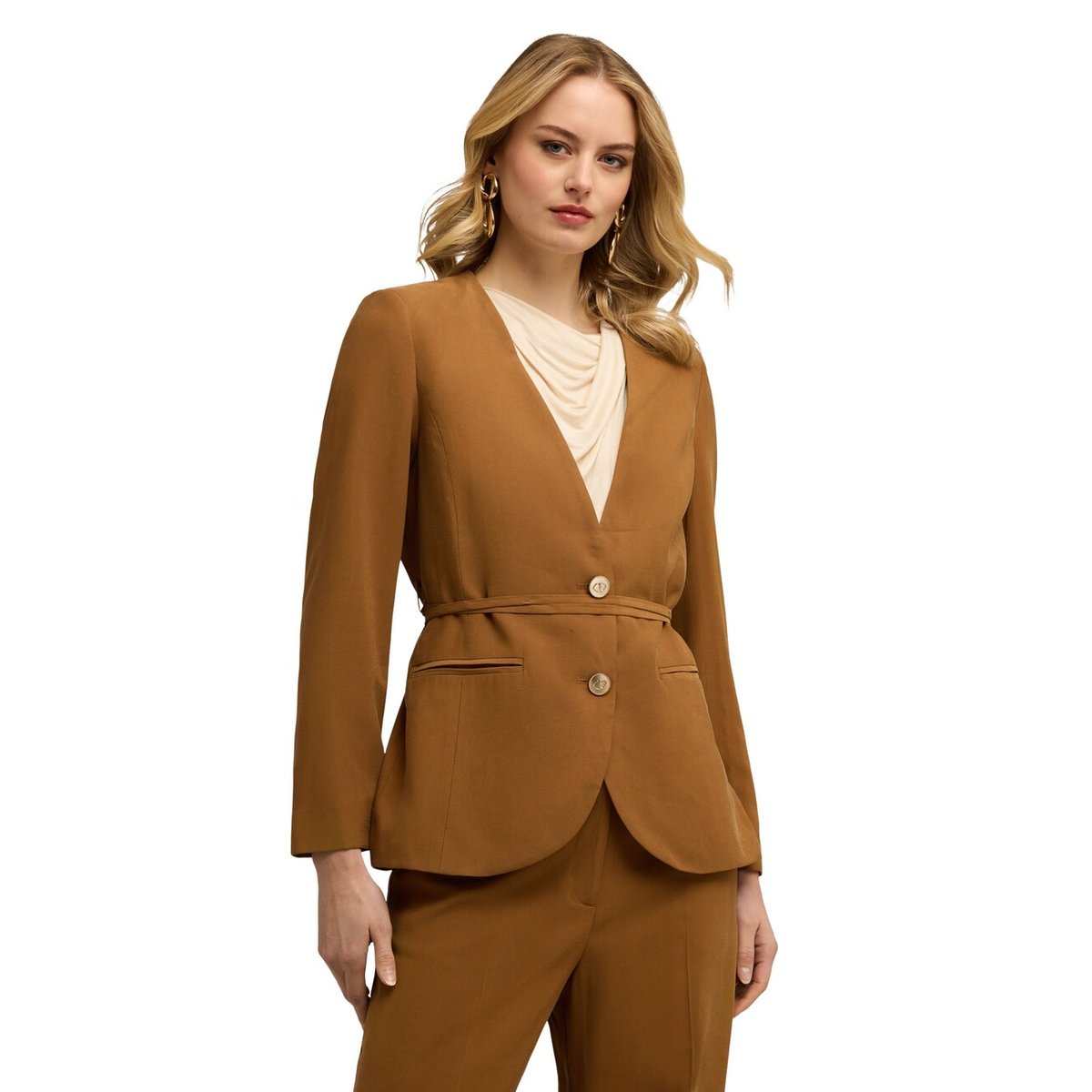 Veste sans col avec ceinture marron, MOTIVI