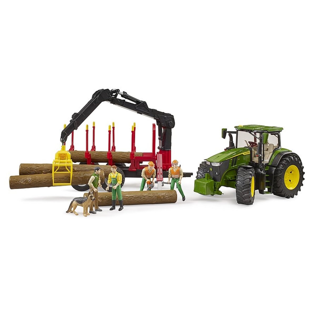 John Deere 7R avec remorque forestière et 4 troncs d'arbre multicolore, BRUDER