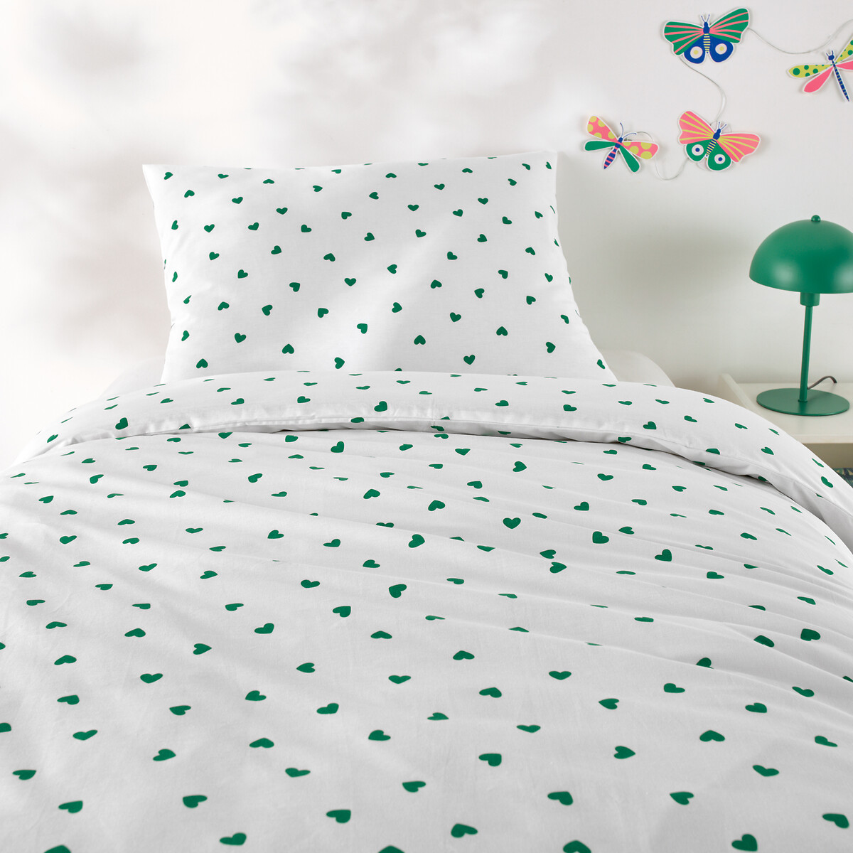 Parure enfant, en 50% coton recyclé, avec taie rectangulaire, Scacco vert imprimé coeurs, LA REDOUTE INTERIEURS