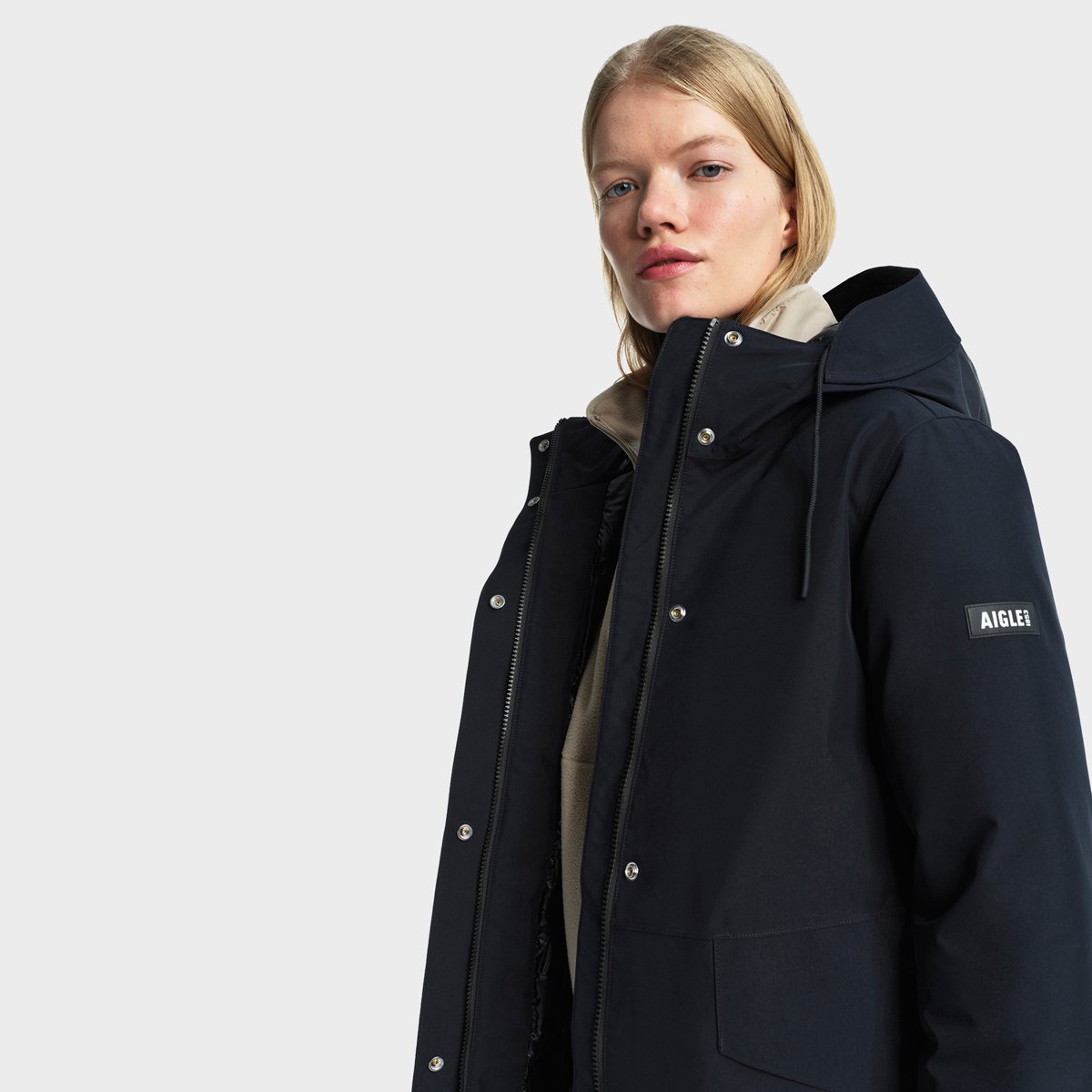 Parka longue capuche fixe fermeture zippée, mi-saison noir, AIGLE