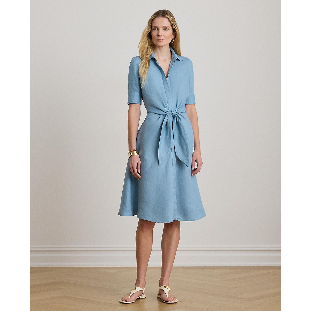 Vestido camisero de lino de manga corta azul cielo, LAUREN RALPH LAUREN