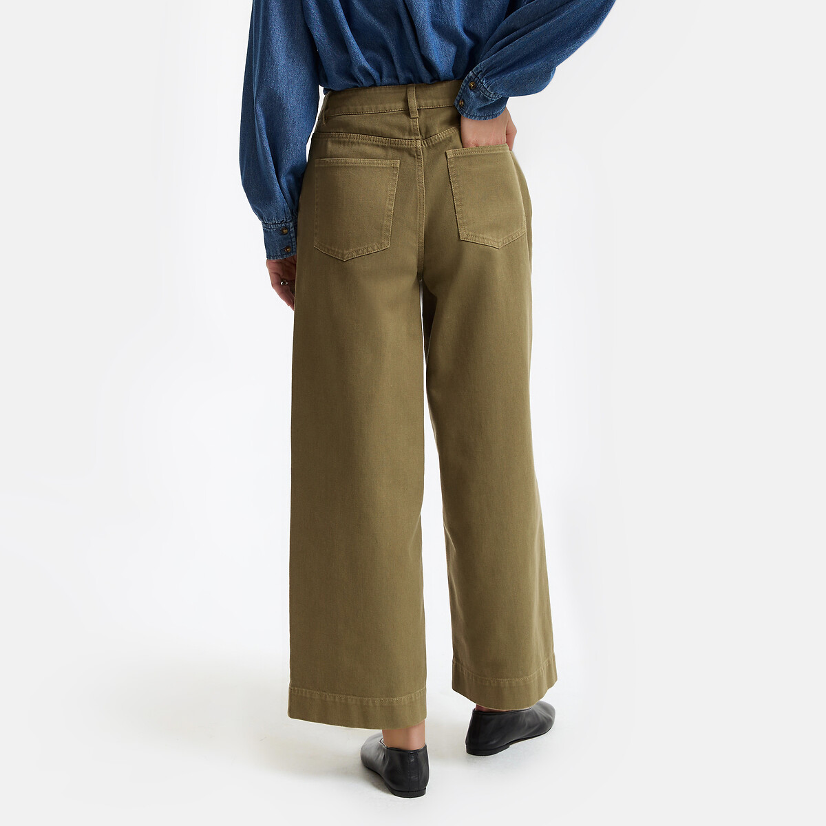 Pantalon 7/8ème large à taille haute en coton vert kaki, LA REDOUTE COLLECTIONS