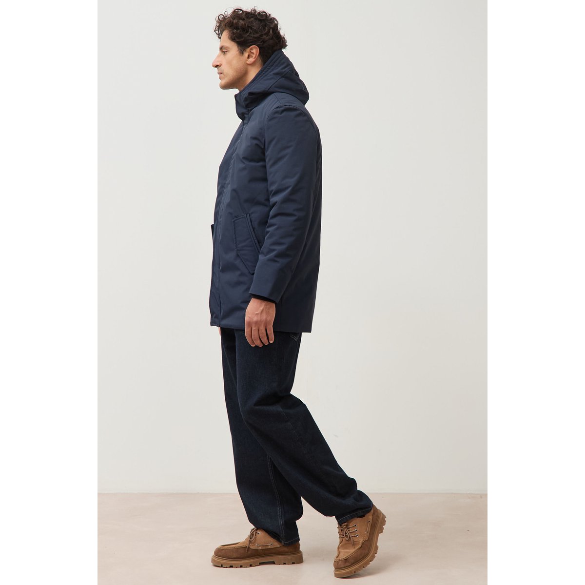 Parka longue droite à capuche bleu marine, BONOBO